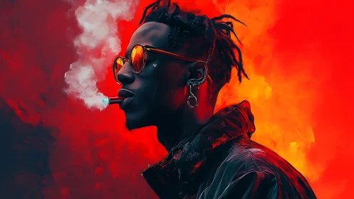 Profile view of smoker in red vapor environment.