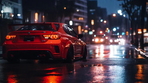 Red sports car waits in neon lit rain soaked city street