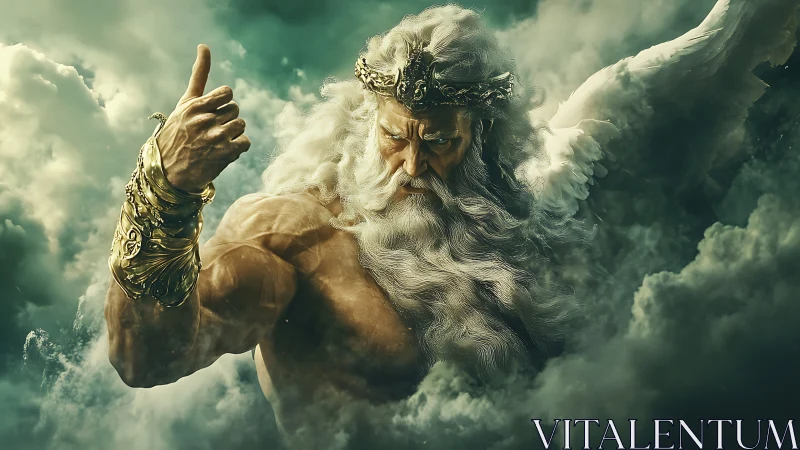 Winged bearded figure with raised arm emerges from dense clouds