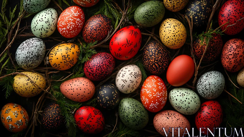 Speckled woodland eggs scattered in lush evergreen nests.