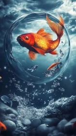 Glowing golden koi fish glides through a swirling water ring