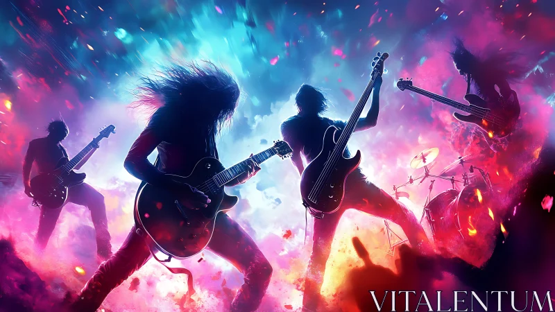 Neon rock band silhouettes explode through cosmic stage light.