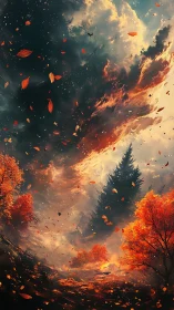 Autumn Tempest: Elemental Convergence with Fiery Foliage and Storm Clouds