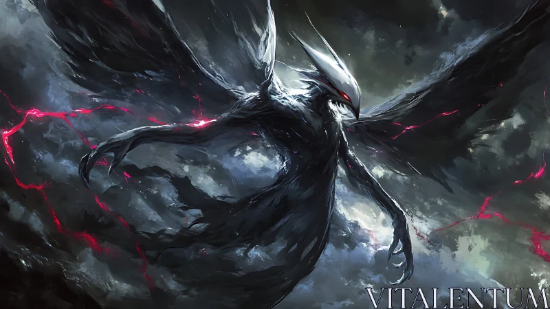 Dark winged demon rises in storm filled with red lightning.
