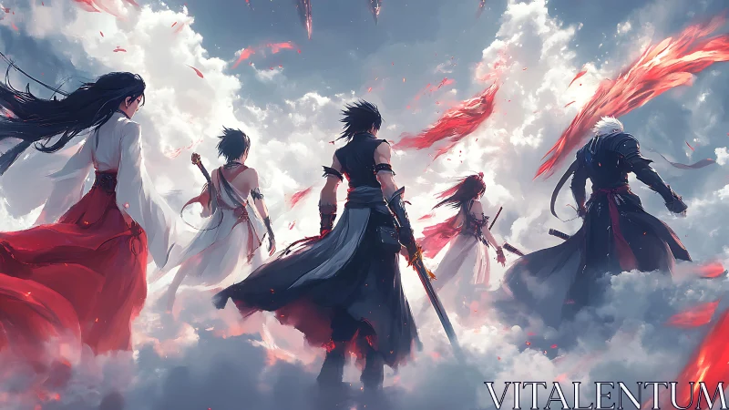 Warriors ascending through burning clouds toward battle.
