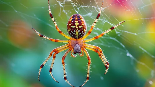 Radiant garden spider pauses gently in its shining web