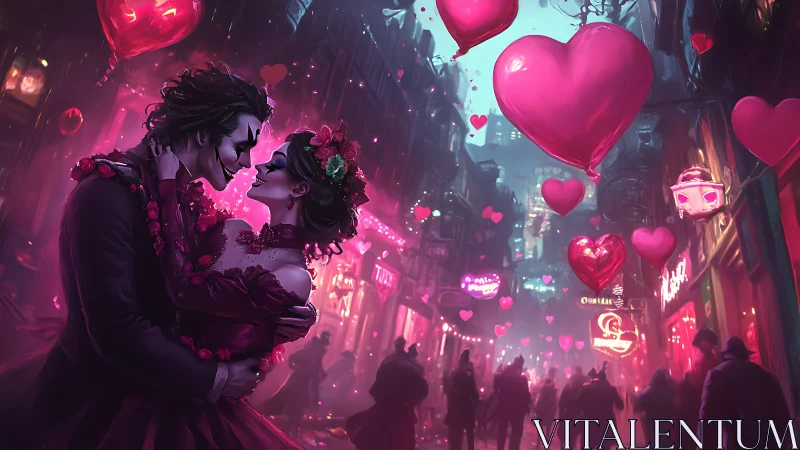 Cyberpunk Romance: Neon-Lit Urban Couple Amidst Floating Heart Balloons.