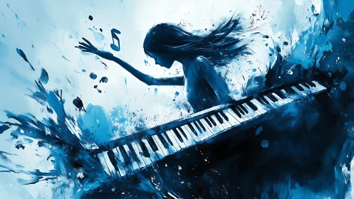 Blue piano performance explodes into abstract musical energy.