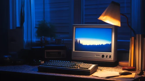 Retro desktop glowing under lamplight in twilight room.