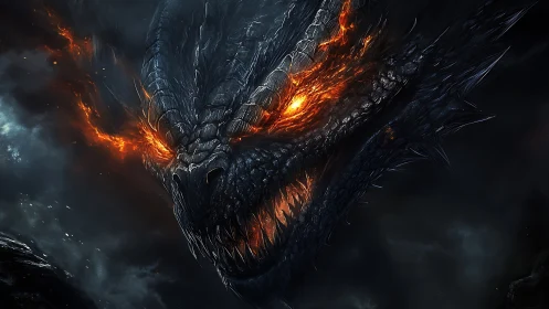 Infernal dragon head with molten eyes in stormy dark sky.