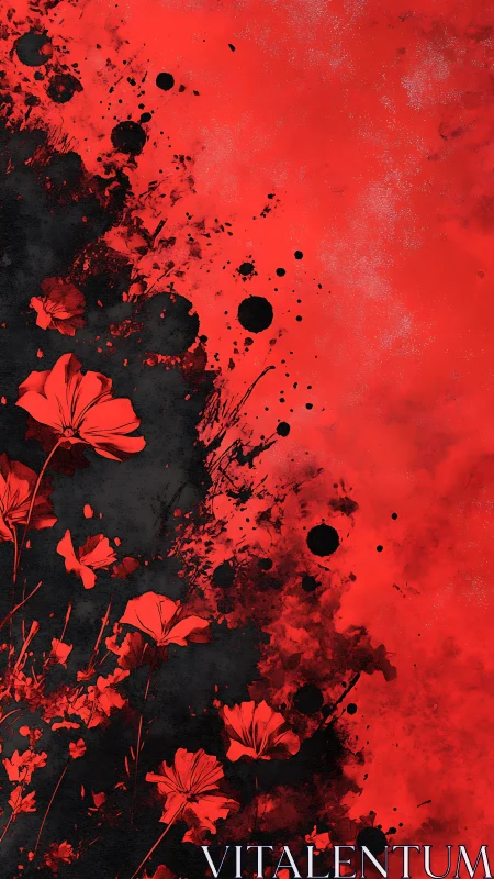 Red and black floral composition with particle dispersion effects
