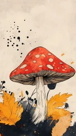 Ink-outlined red toadstool amid abstract autumn foliage.