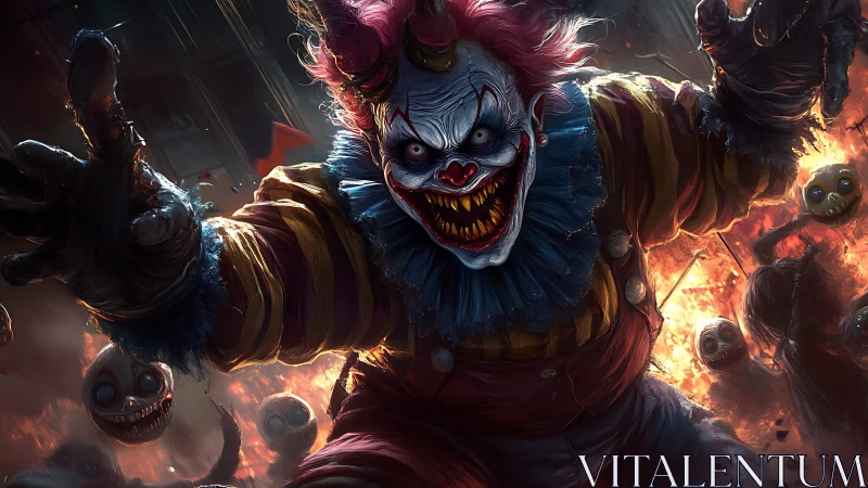 Infernal nightmare clown lunges through blazing carnival chaos.