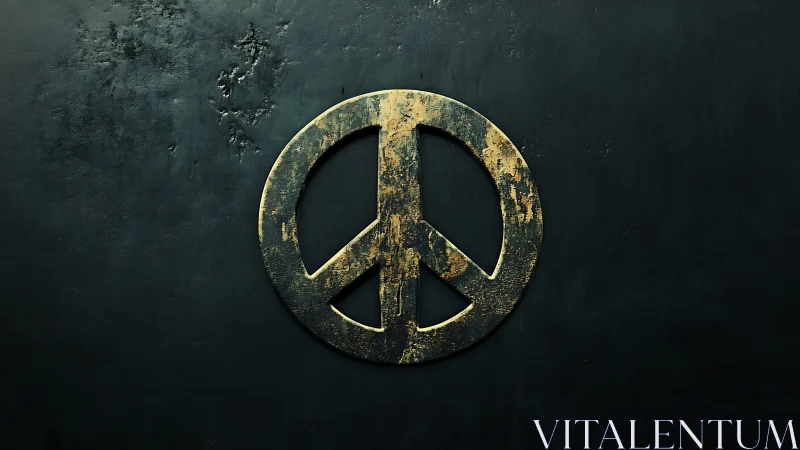 Weathered gold peace symbol on dark textured background.
