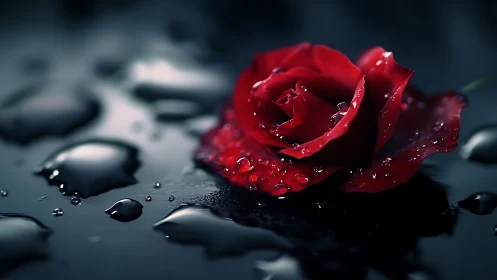 Red rose macro on wet black surface with water droplets.