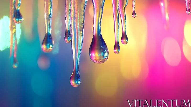 Colorful liquid droplets suspended against blurred lights.