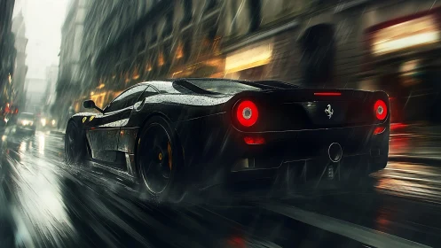 Photorealistic supercar in dynamic rainy urban nightscape.