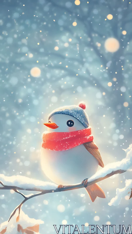 Small bird on snow-covered branch wearing scarf and hat.