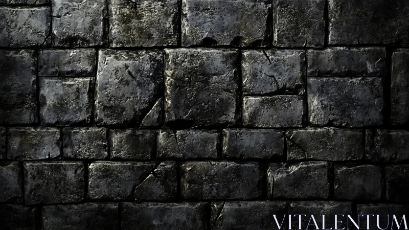 Photorealistic dark stone brick wall with aged surface texture.