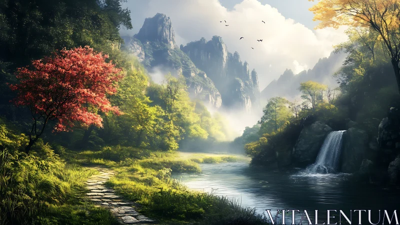 Sunlit river valley frames distant misty mountain peaks