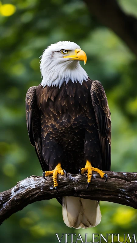 Majestic bald eagle rests on a branch in soft forest light