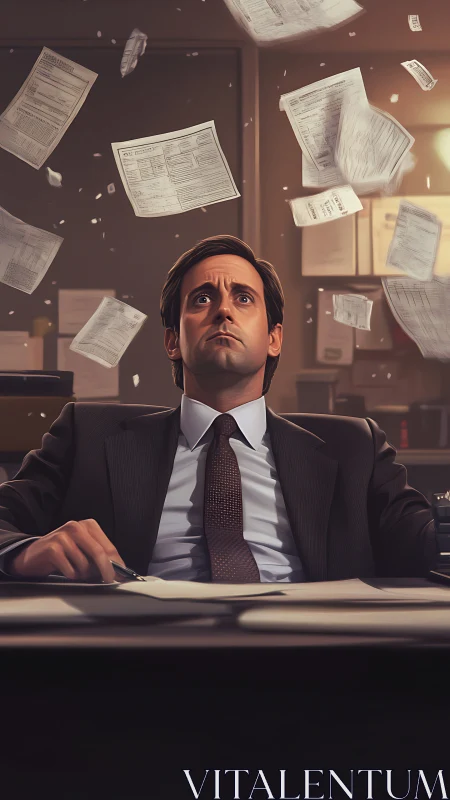 Overwhelmed office worker watches paperwork explode overhead.