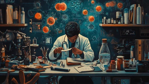 Scientist studies sample in cluttered lab with glowing cells