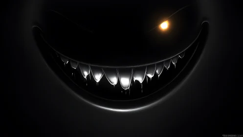 Sinister glowing smile reveals sharp metallic teeth in dark