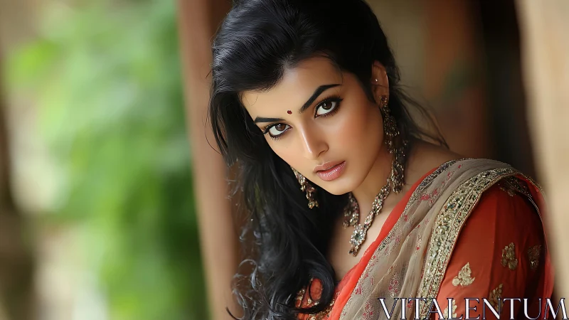 Woman in ornate saree gazes at camera in close portrait