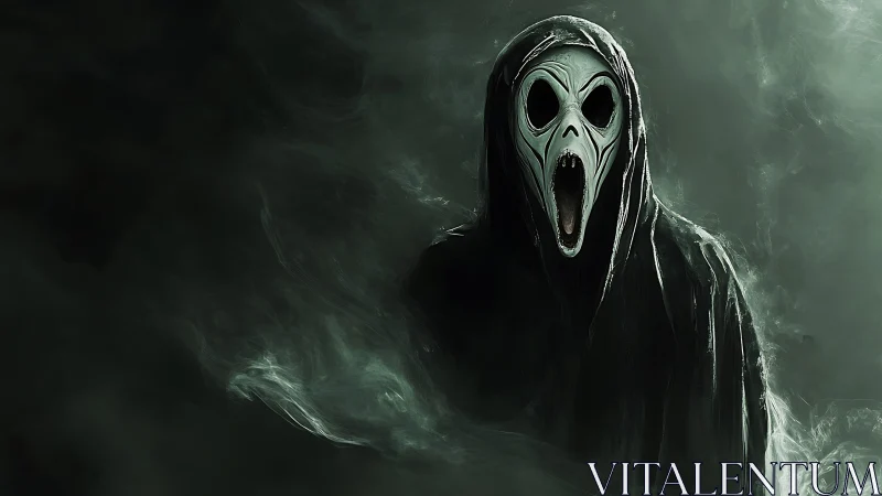 Hooded ghost figure with elongated screaming mask stands alone