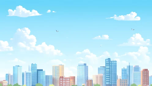 Bright blue city skyline under soft drifting clouds.