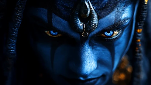 Intense blue alien face with glowing eyes in extreme closeup.