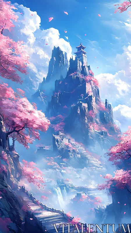 Mountain pagoda landscape with cherry trees and mist clouds.