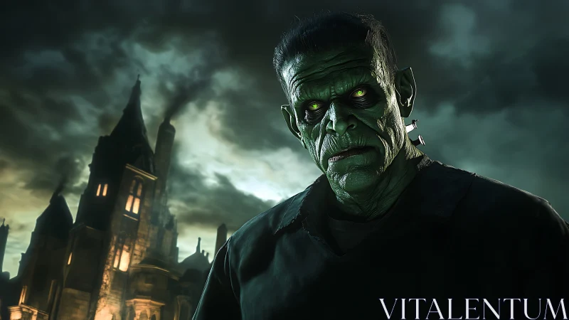 Green monster figure before gothic castle under storm clouds.