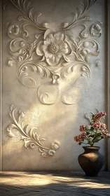 Ornate stucco floral relief wall with vase in warm sunlight.