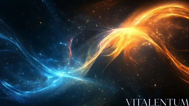 Blue and orange energy streams intersect across starfield