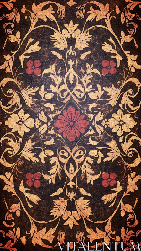 Ornate vintage floral pattern with symmetrical red accents.