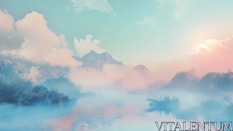 Soft pastel mountain lake landscape with morning mist.