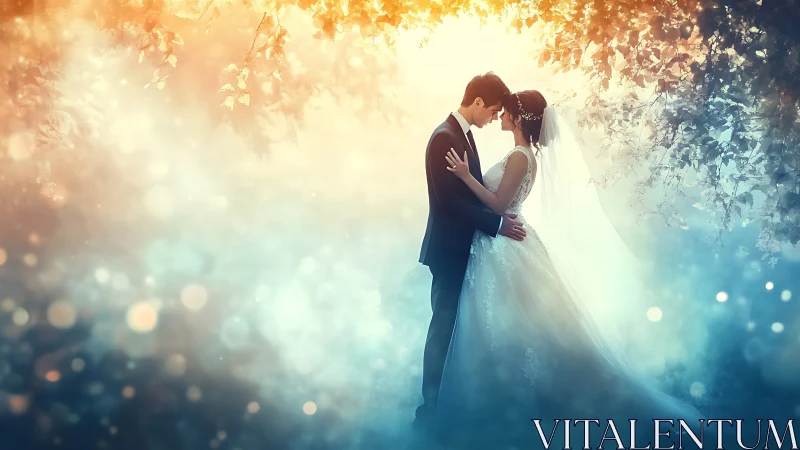 Enchanted forest wedding embrace in glowing dreamlit mist.