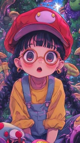 Wide-eyed girl in mushroom forest under glowing starlight.