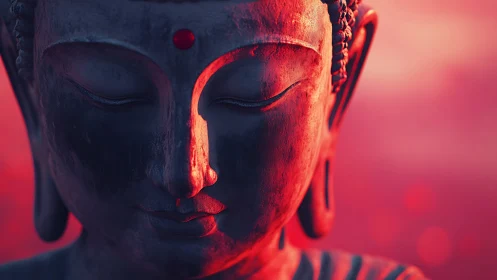 Serene Buddha statue close-up with warm red lighting.