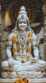 Photorealistic marble deity sculpture with ornate garlands.