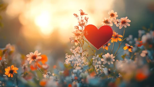 Red heart among blooming flowers in golden sunset light