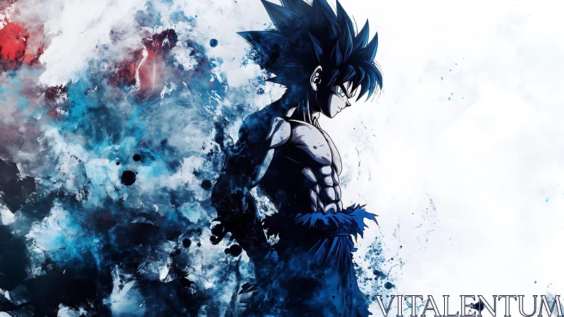 Brooding anime warrior wrapped in electric blue energy.