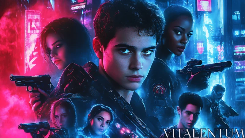 Neon lit urban team portrait with armed young operatives.