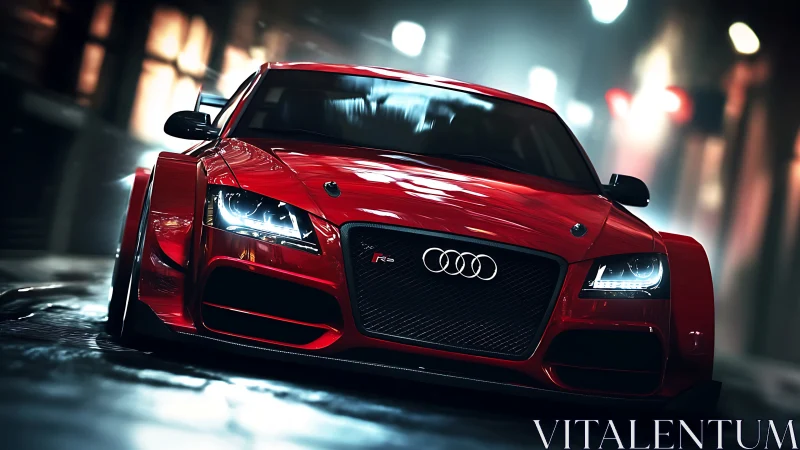 Red Audi sports coupe rendered on wet urban night street
