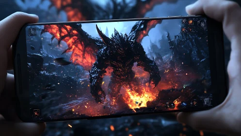 Infernal dragon boss erupts from mobile screen in blazing fury.