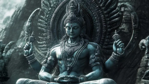 Digital rendering depicts multi-armed seated deity sculpture