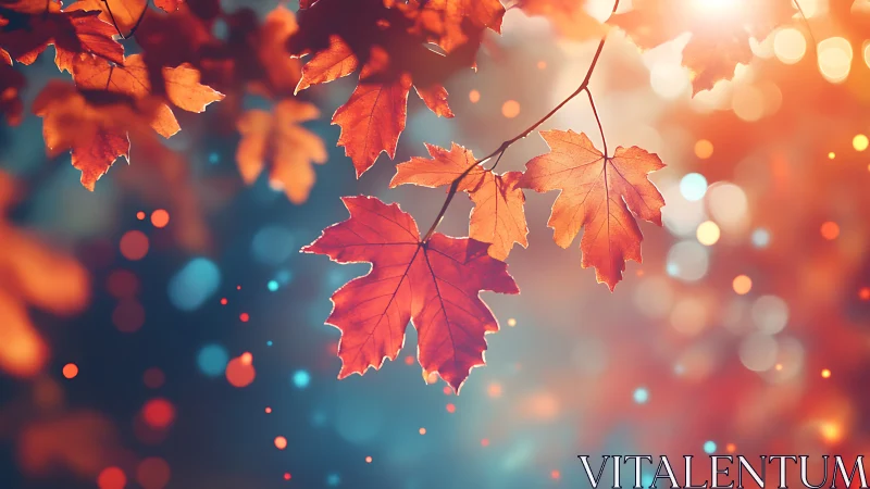 Glowing autumn maple leaves drift softly in warm evening light