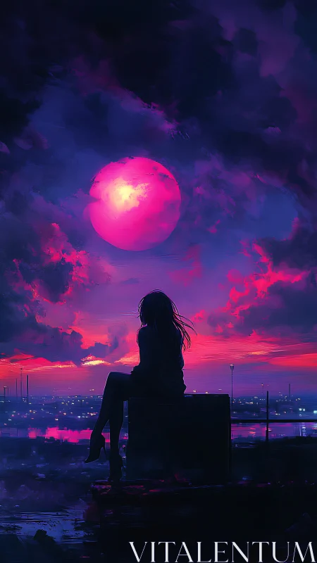 Silhouette girl under neon magenta moon at twilight skyline.